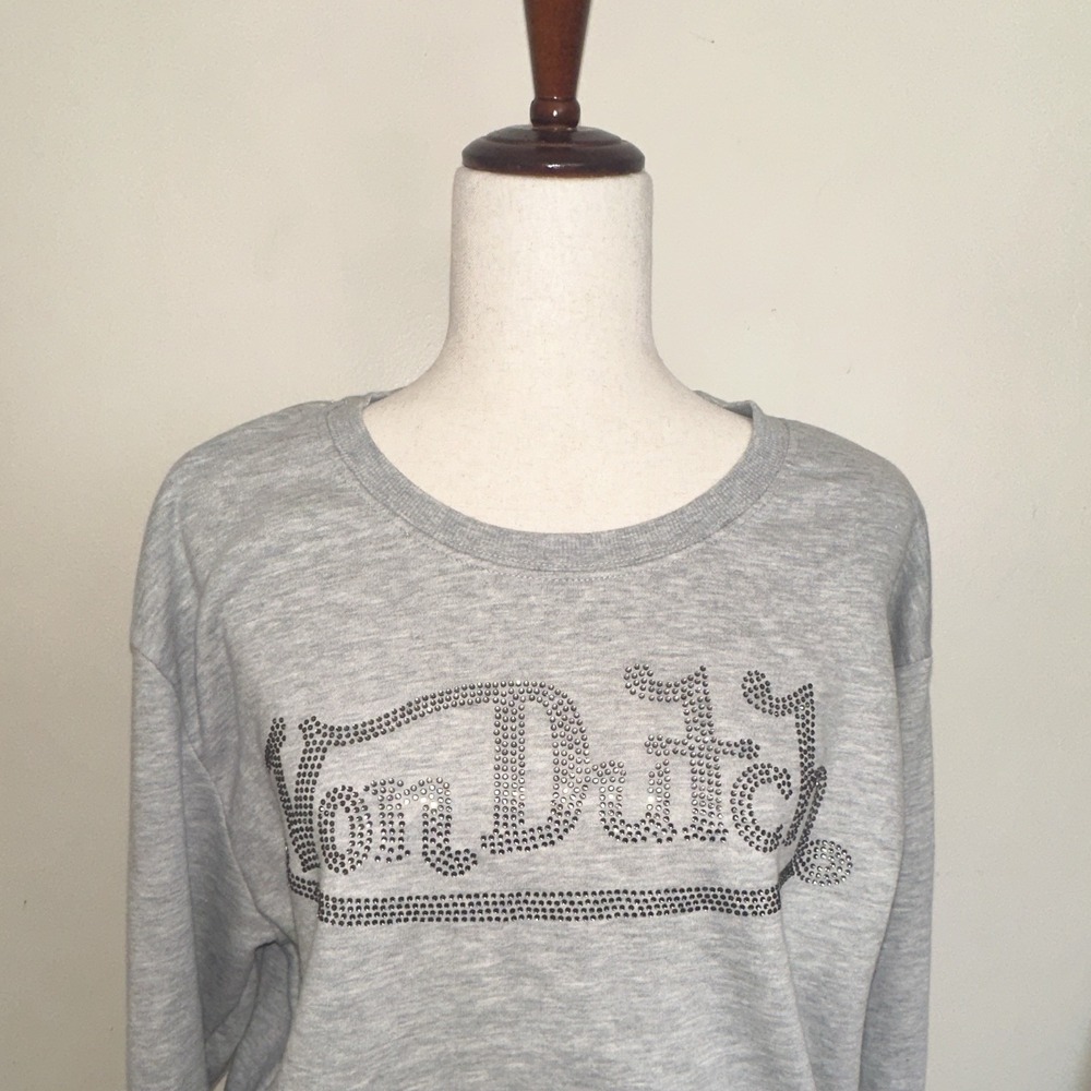 Von Dutch Women's Rhinestone Logo Crewneck Pullover Sweatshirt Gray XL Y2K